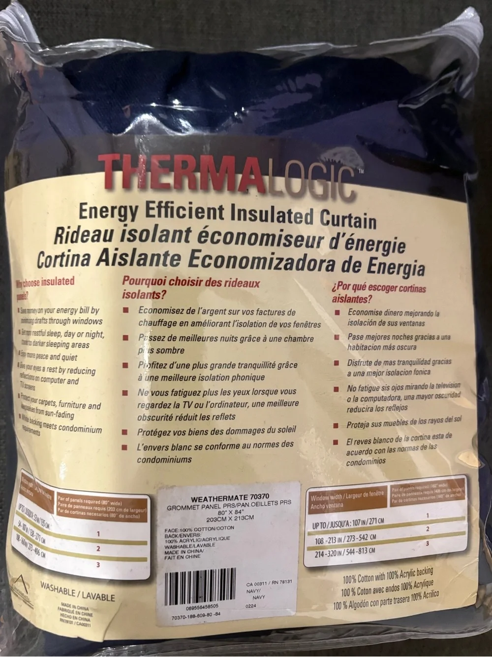 Therma Logic Navy Blue Long Energy Efficient Curtains Two Grommet Panels